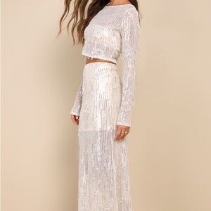 NWT Lulus Greatest Sparkle Beige Mesh Sequin Fringe Two-Piece Midi Dress